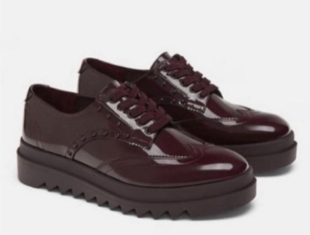Zara Burgundy Patent Leather Platform Derby Oxfords Studded Creepers Shoes EU40
